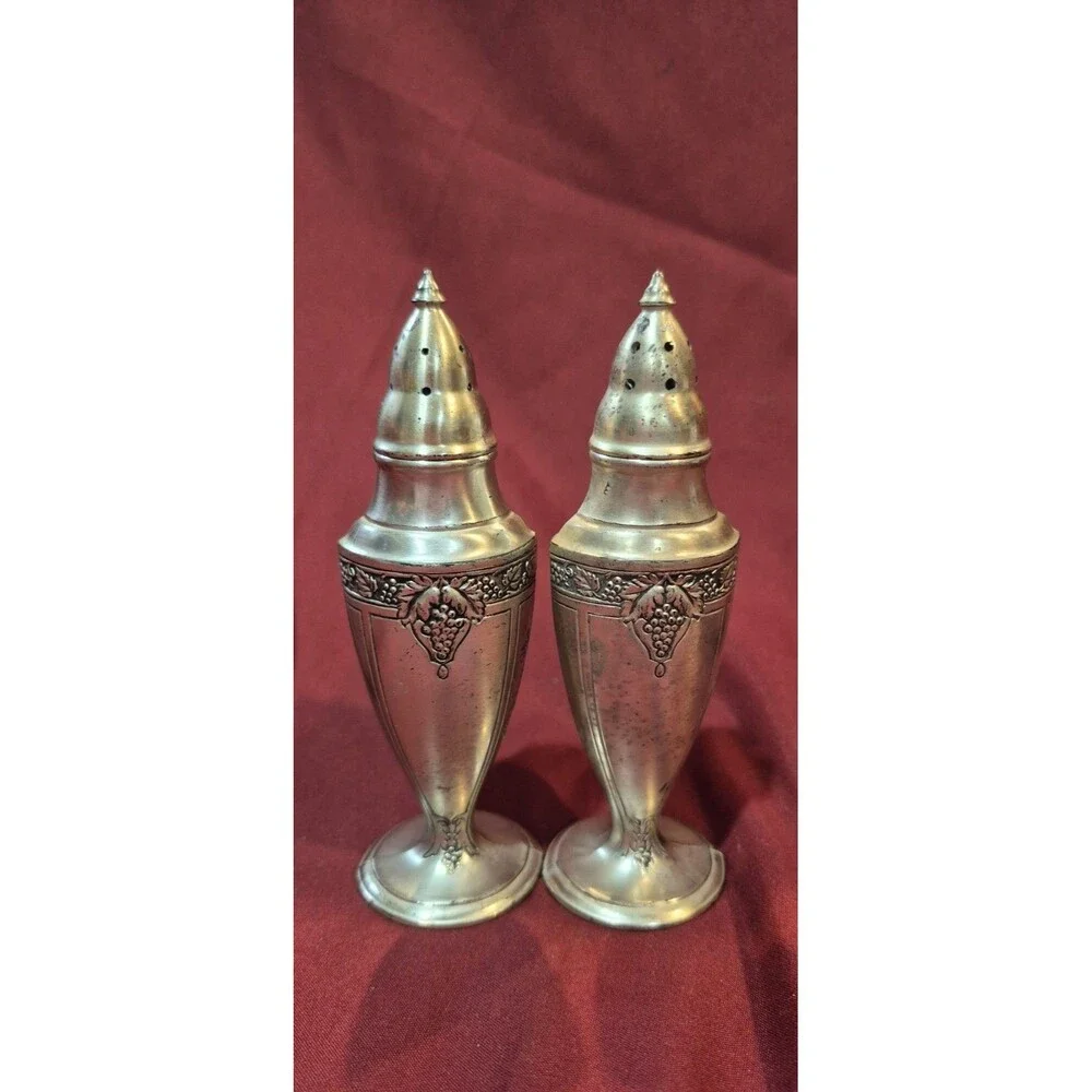 Astor by Poole Bacchante Salt Pepper Shakers Silver Coated Pewter Beautiful Cond